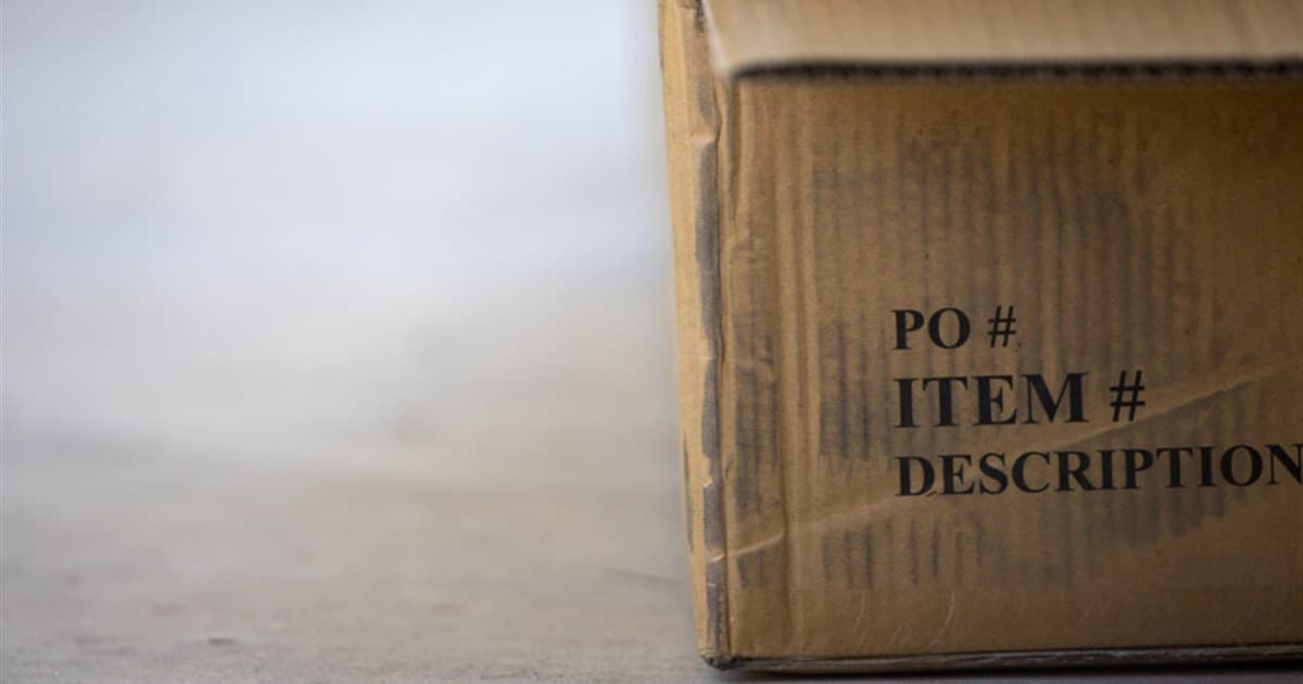 Plain cardboard shipping box printed with generic purchase order and item description fields